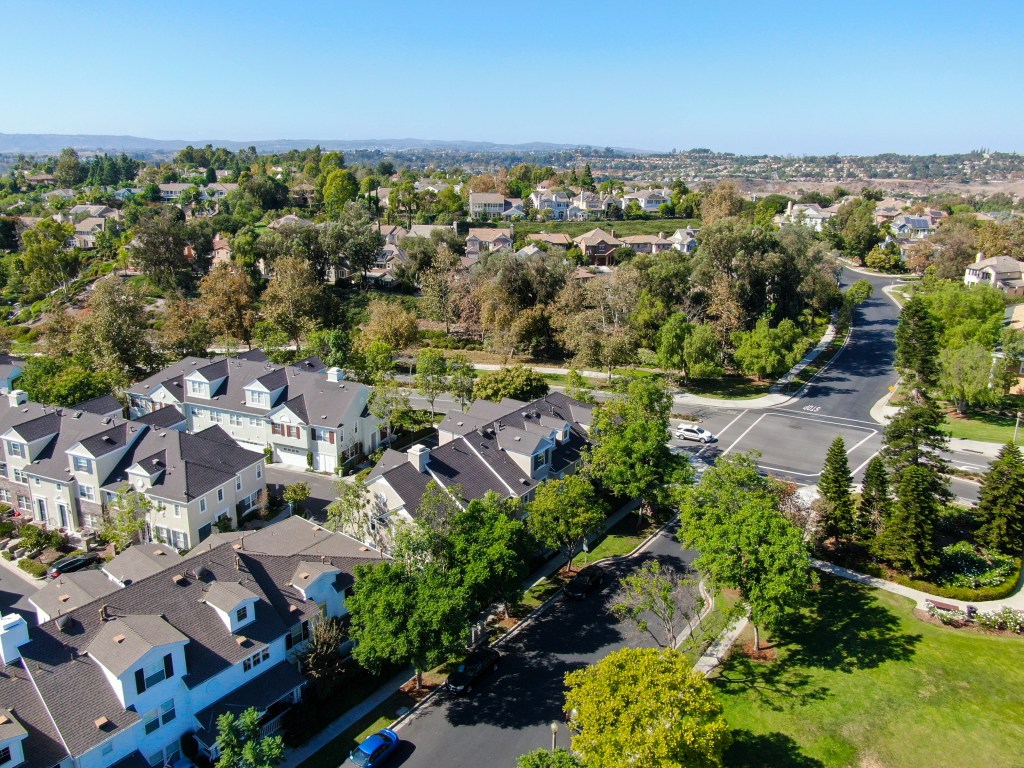 Aerial view of the master-planned community of Ladera Ranch in Orange County, California.