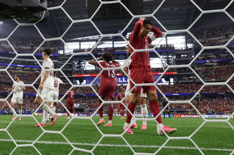Portugal's forward #07 Cristiano Ronaldo reacts to a missed chance during the 2026 World Cup round of 16 football match between Portugal and Spain at the Dallas Stadium in Arlington on July 6, 2026.