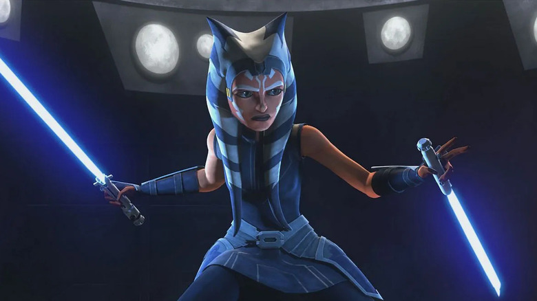 Ahsoka Tano wields two lightsabers in Star Wars: The Clone Wars.