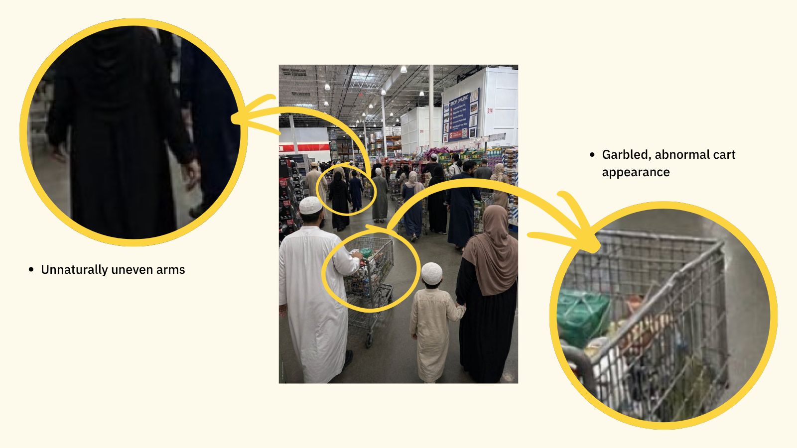 This image shows two visual clues indicating AI-generation circled and magnified.
