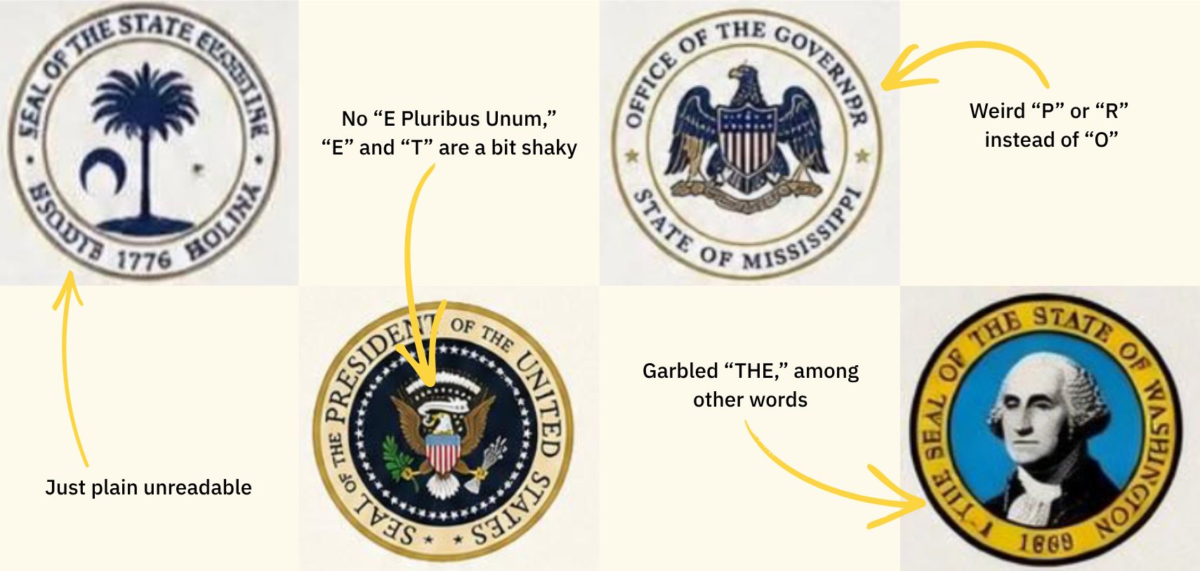 Four AI-generated seals, ostensibly for South Carolina, the President, Mississippi and Washington. All have garbled text in some way shape or form.