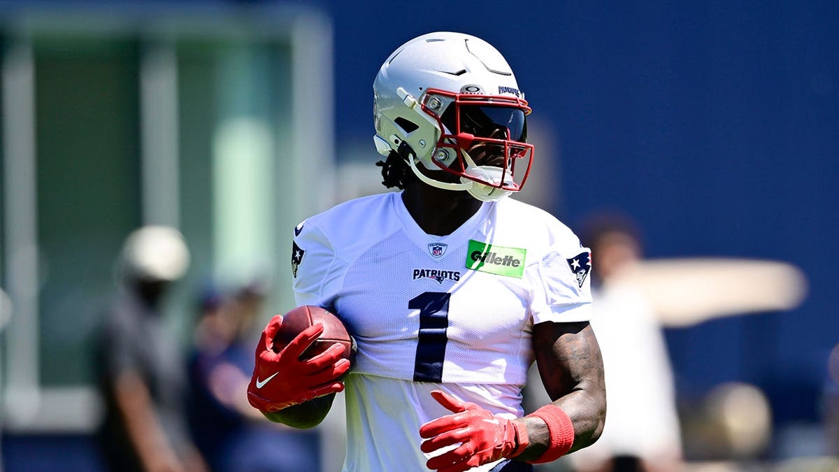 A.J. Brown sprinting during a minicamp at Gillette Stadium in Foxborough, Massachusetts.