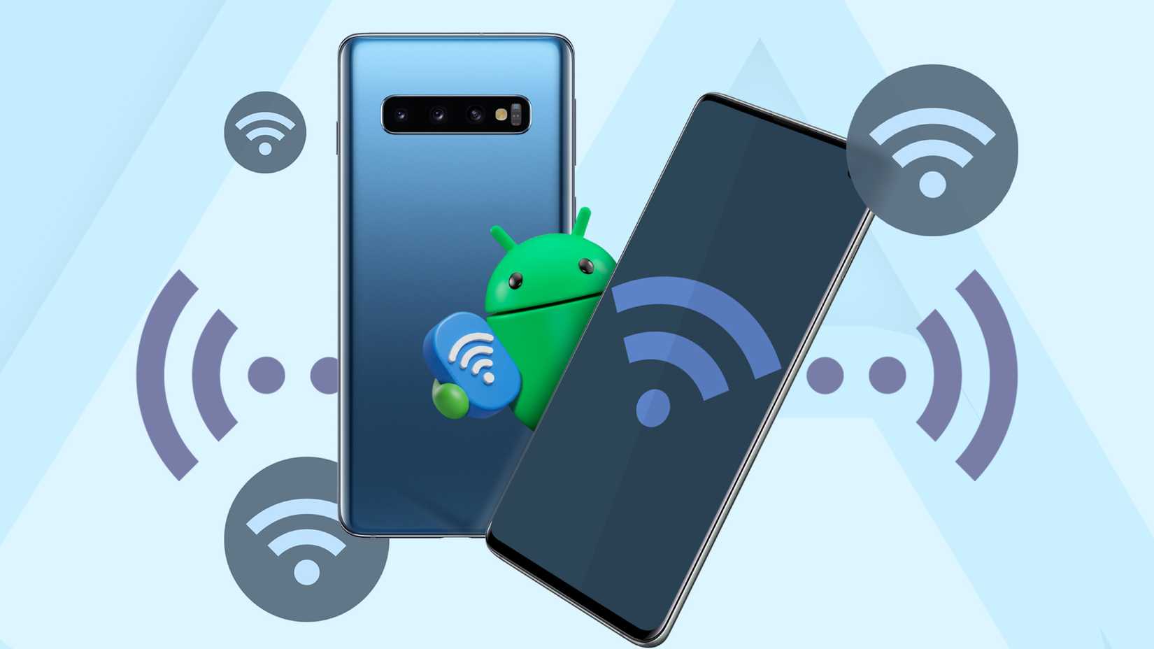 Android mascot holding a Wi-Fi icon between two smartphones with floating wi-fi symbols