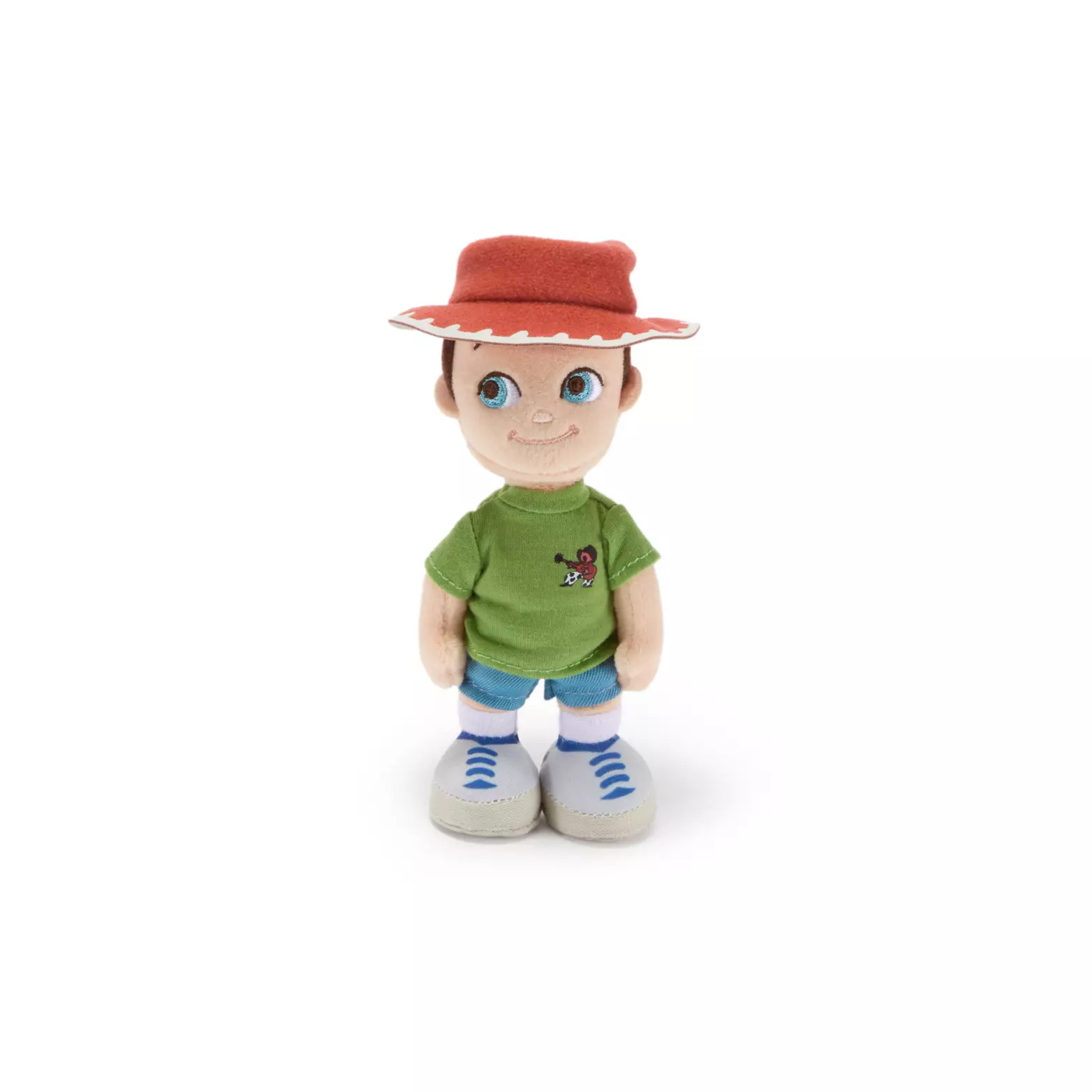 This young Andy plush stands 6 1/2'' tall. He is wearing a green shirt with a cowboy on it, blue shorts, grey shoes, and a red cowboy hat just like his pal Woody.