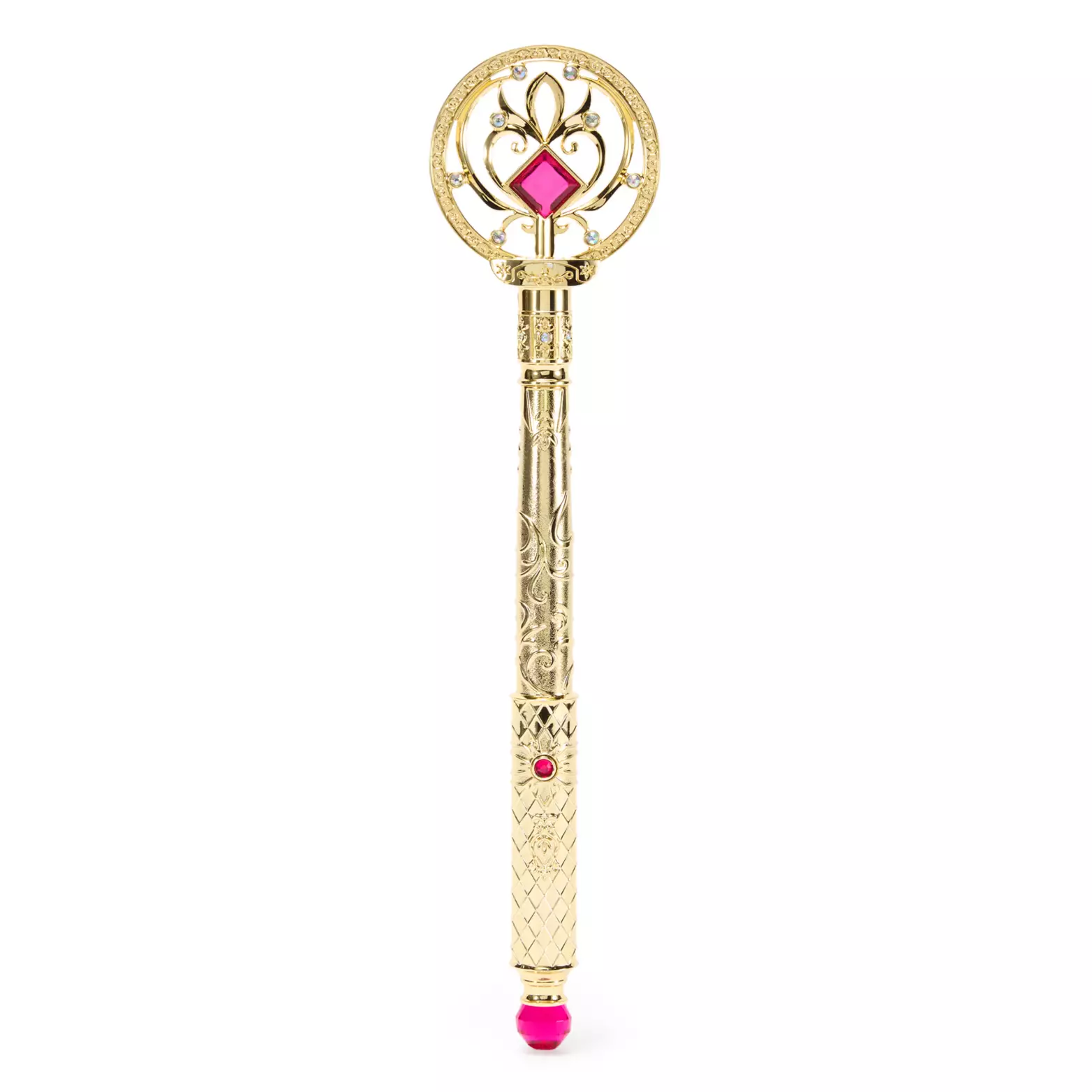 This wand handle is identical to the one above but in gold rather than silver. It is also accented with bright pink plastic gems. The top of the wand has a light-up pink plastic diamond in a scrollwork circle. It plays