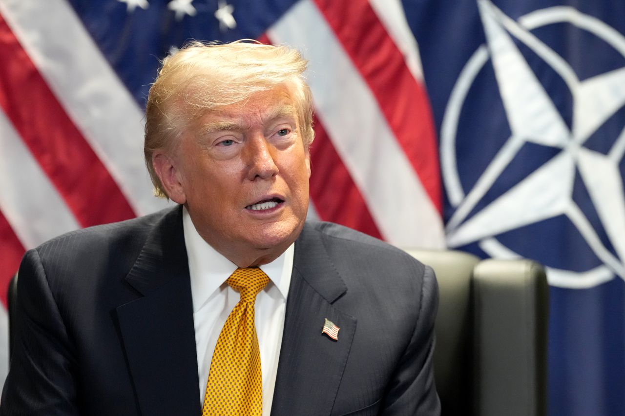 US President Donald Trump speaks at the NATO meeting in Ankara, Turkey, on Wednesday.