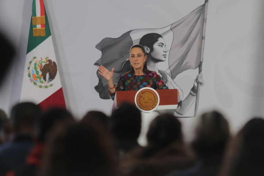 Claudia Sheinbaum, President of Mexico, discusses statements made by former United States ambassador to Mexico, Ken Salazar, and calls for evidence regarding alleged ties between former President Andres Manuel Lopez Obrador and organized crime during a morning press conference at the National Palace in Mexico City, Mexico, on July 8, 2026.