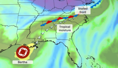 Tropical Storm Bertha is fading, but its moisture plume is fueling a serious East Coast flood threat