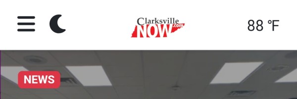 Header bar with menu icon, moon icon, Clarksville Now logo, 88°F, and a red NEWS badge over a dim newsroom photo.