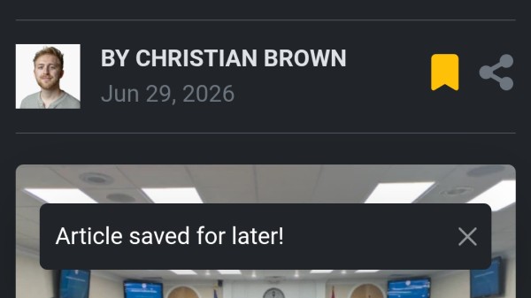 Screenshot of an article header: author Christian Brown, date June 29, 2026, with profile photo, bookmark and share icons, and a dark modal saying 'Article saved for later!' over a newsroom image.