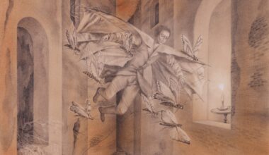 a surreal painting by Remedios Varo of Icarus flying through an architectural space