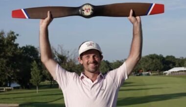 Dawson Armstrong celebrates his PGA Tour Americas win in Wichita, Kansas last Sunday