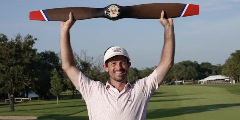Dawson Armstrong celebrates his PGA Tour Americas win in Wichita, Kansas last Sunday