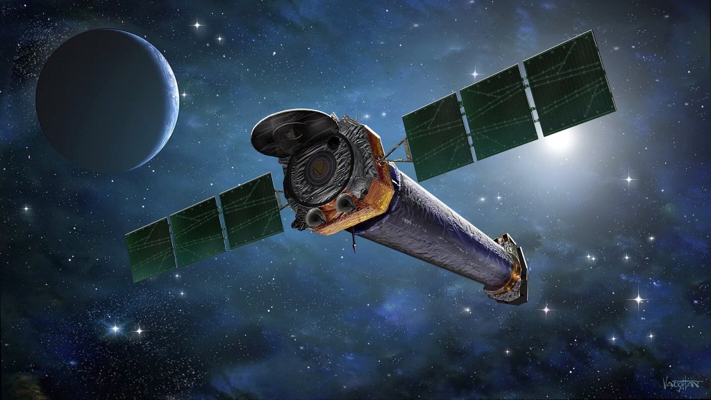 Illustration of NASA's Chandra X-ray Observatory in space with a large planet to its left and a bright star to its lower right.