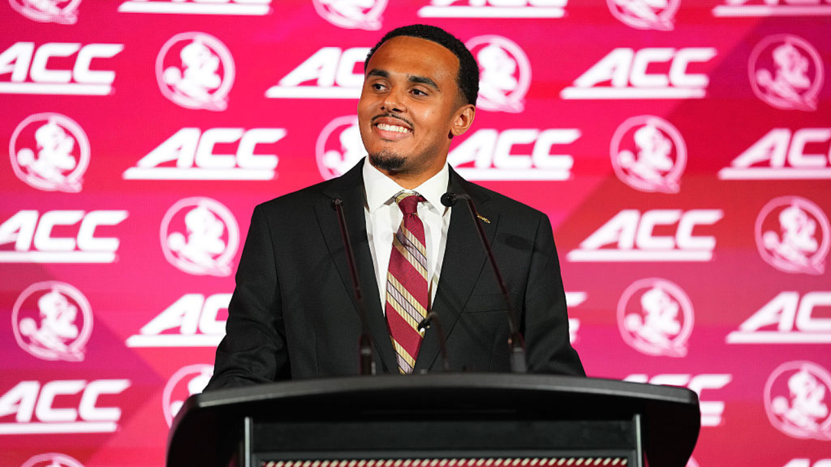 Ashton Daniels speaks during ACC Kickoff media days in Charlotte, North Carolina.