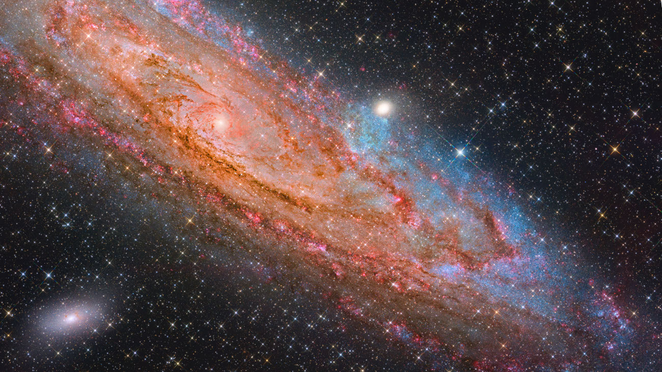 Galaxies. The Crimson Vortex and Sapphire Blossoms of Andromeda © Chuhong Yu and Zuoming Wang (Both China) This deep-field image of the Andromeda Galaxy (M31) captures its dual nature: a crimson vortex of ionised gas and dust spiralling toward the supermassive black hole at its centre and sapphire ‘blossoms’ – luminous blue stellar nurseries –blooming across its spiral arms. Captured in both optical and near-infrared wavelengths, the image reveals the galaxy’s dynamic equilibrium through the striking contrast between red and blue, with matter falling inwards toward the core, while new stars ignite in the arms. Taken with a Sky Rover 130 mm APO Pro telescope, ScorpioAstro 50-mm LRGB and 7-nm H-alpha and OIII filters, Sky-Watcher AZ-EQ6 PRO mount, QHYCCD QHY600PH-M SBFL (short back focal length) camera, 910 mm f/7, 111 hours and 25 minutes total exposure Location: Zhuanghe City, Liaoning Province, China, 26–27, 29–31 August, 1–2, 13–24, 26–29 September and 16–21 October 2025
