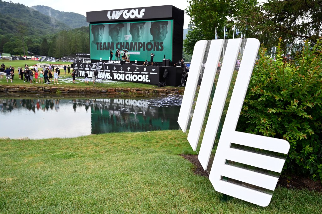 LIV Golf event with the logo in the foreground and a "Team Champions" screen in the background.