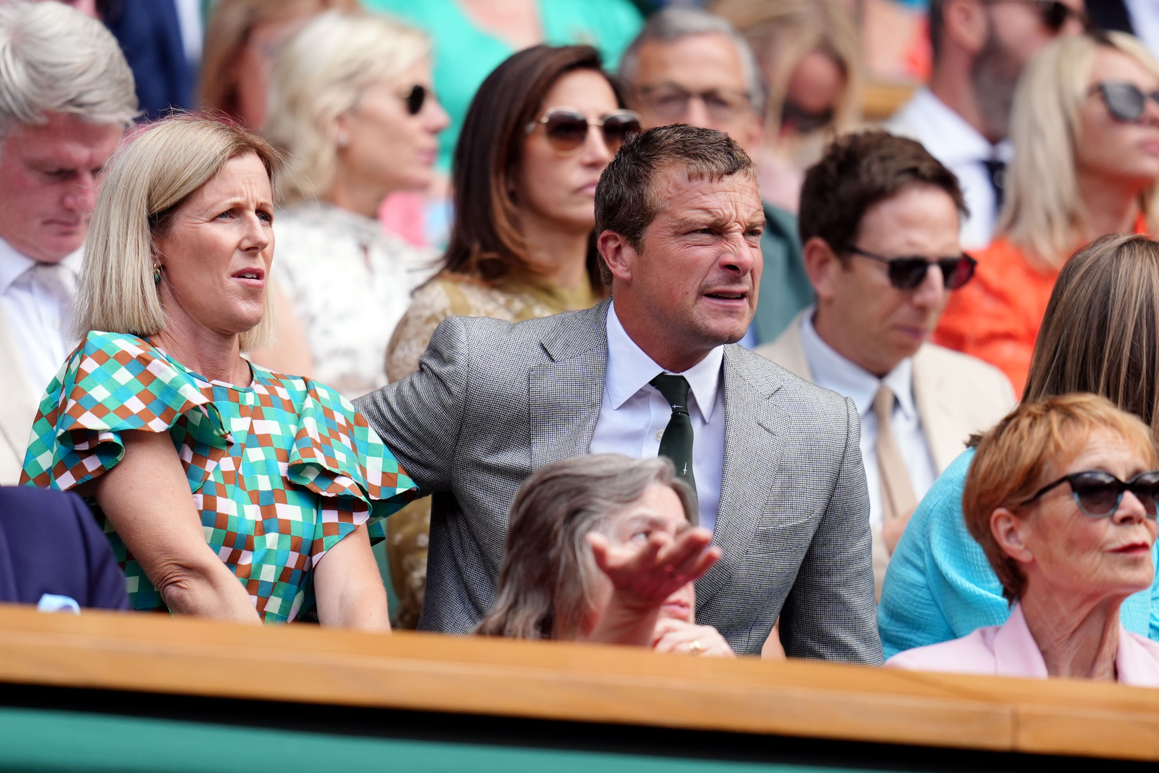 Bear Grylls and Celia Imrie in the Royal Box on day four of the 2025 Wimbledon Championships (John Walton/PA)