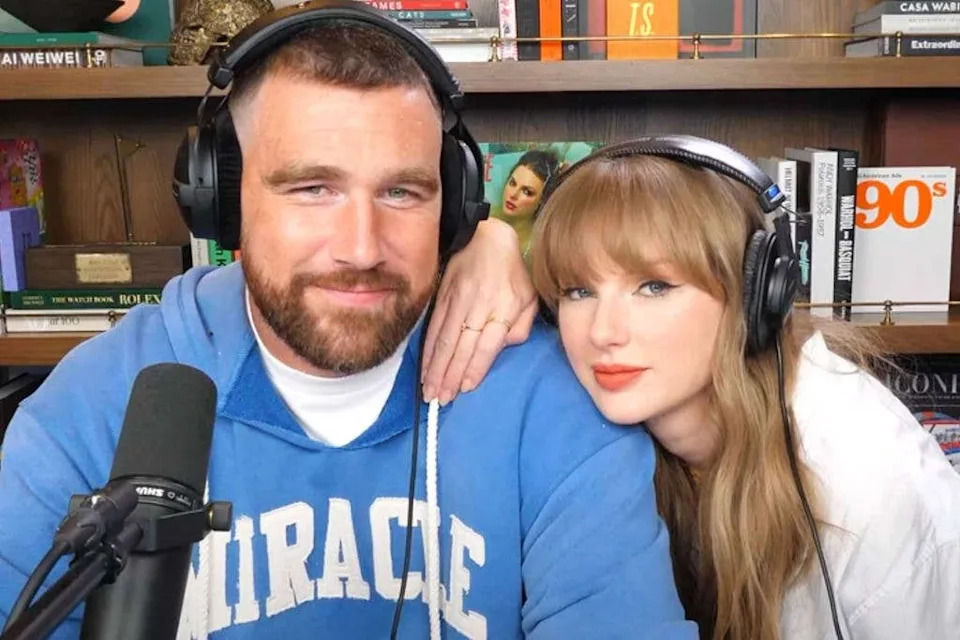Travis Kelce and Taylor Swift during the recording of New Heights in August 2025