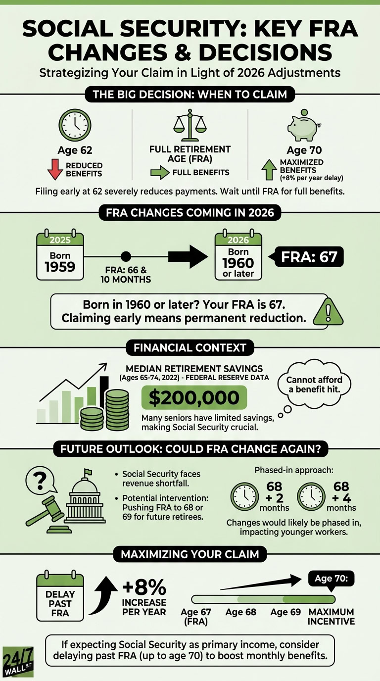 An infographic detailing Social Security claiming decisions, illustrating how benefits are reduced at age 62, full at FRA (which shifts to 67 for those born 1960+), and maximized at age 70. It also shows median retirement savings and potential future increases to the FRA.