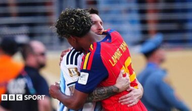 Spain teenager Lamine Yamal embraces Argentina's 39-year-old great at the end of the World Cup Final.