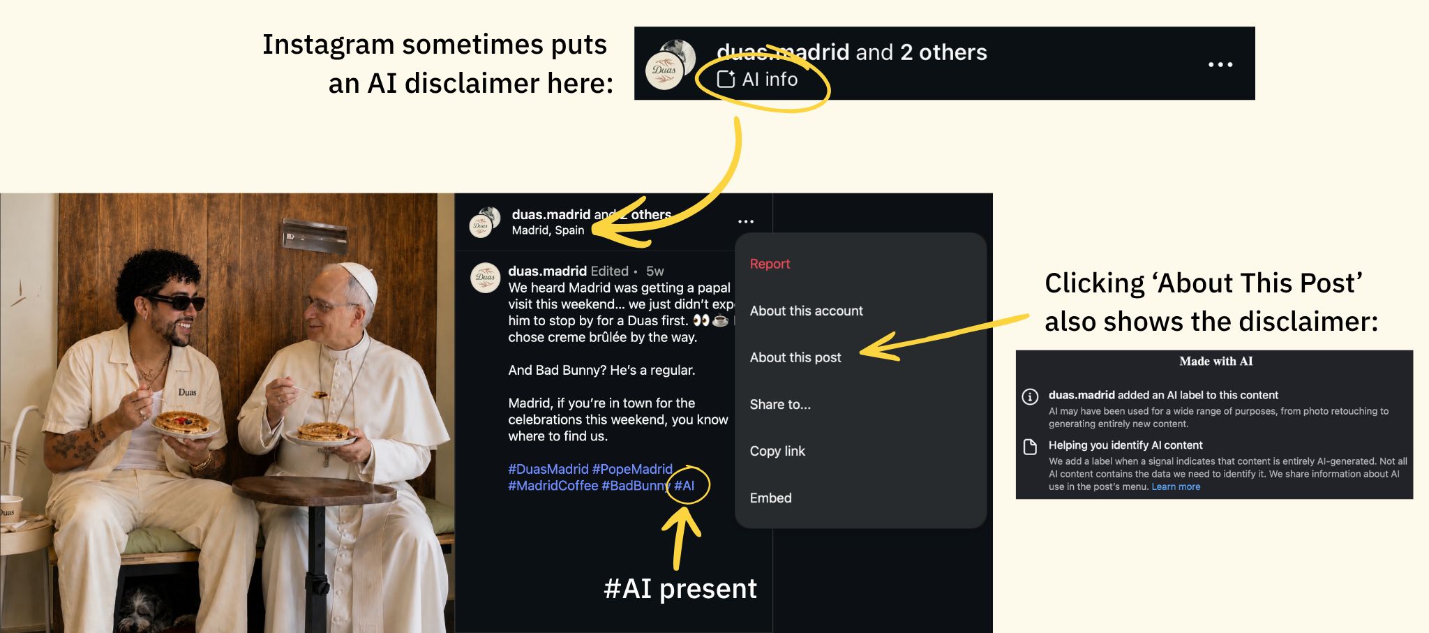 An annotated screenshot of an AI-generated instagram post of the music star Bad Bunny sitting with the pope. The