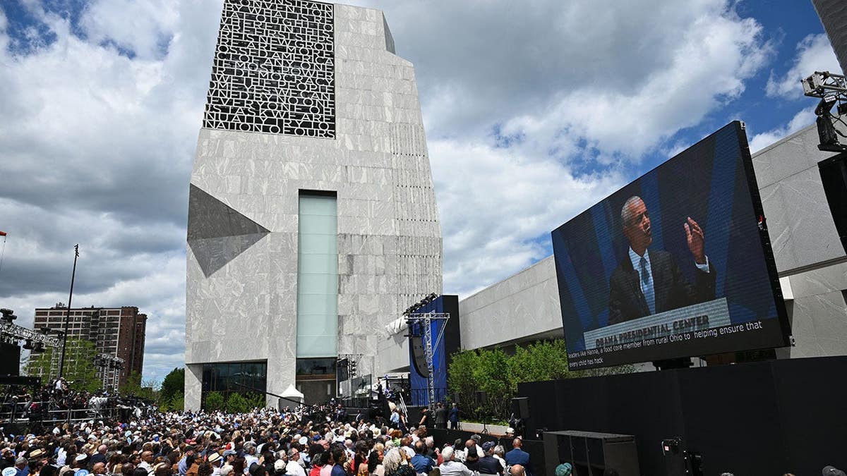 Former US President Barack Obama speaking at the Barack Obama Presidential Center in Chicago