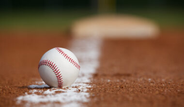 Baseball resting on the foul line on a baseball field