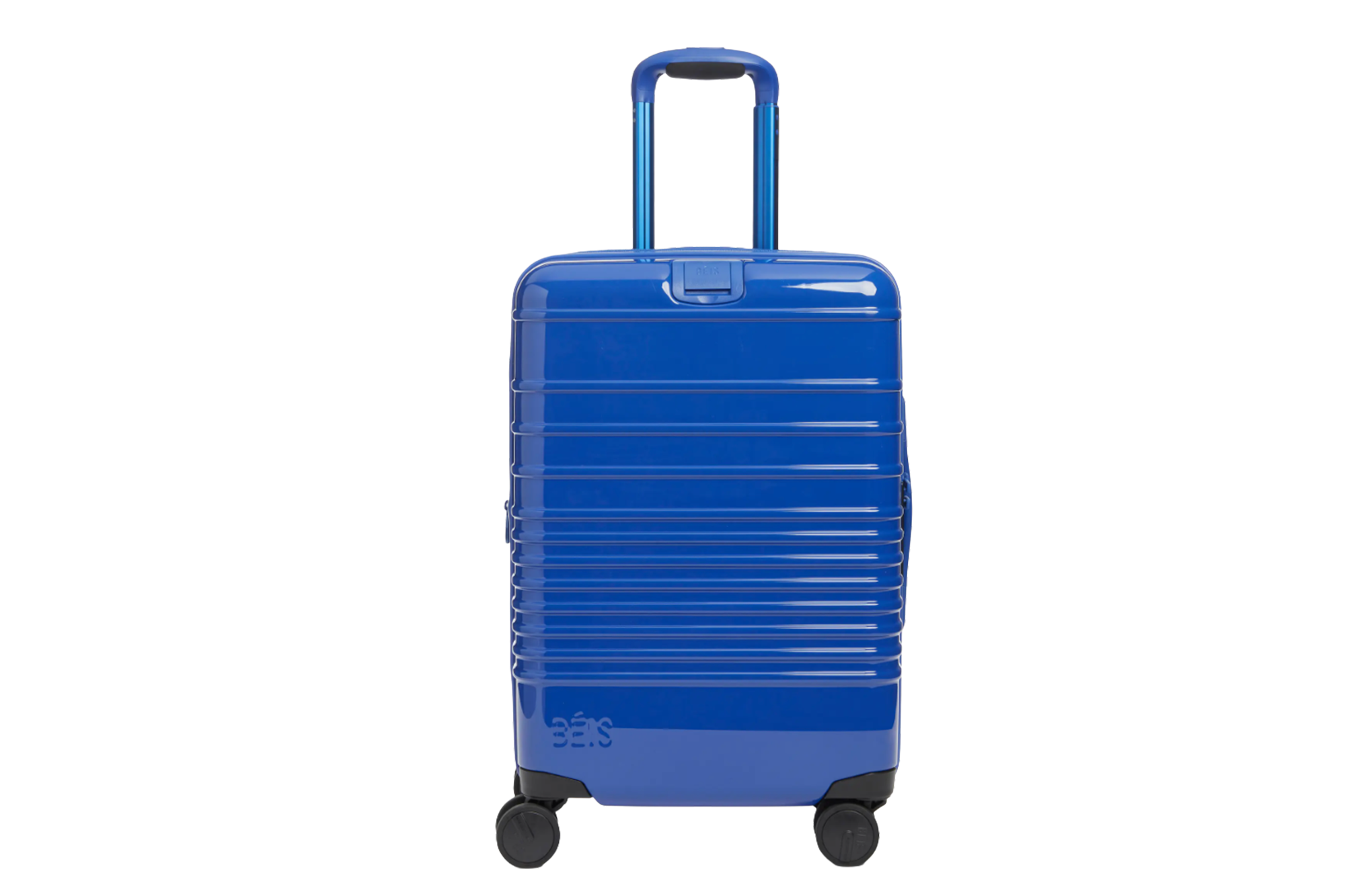 A blue suitcase with four wheels and an extended blue handle.