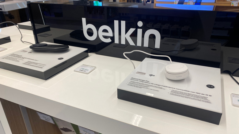 Belkin charging station and accessories on display in a store