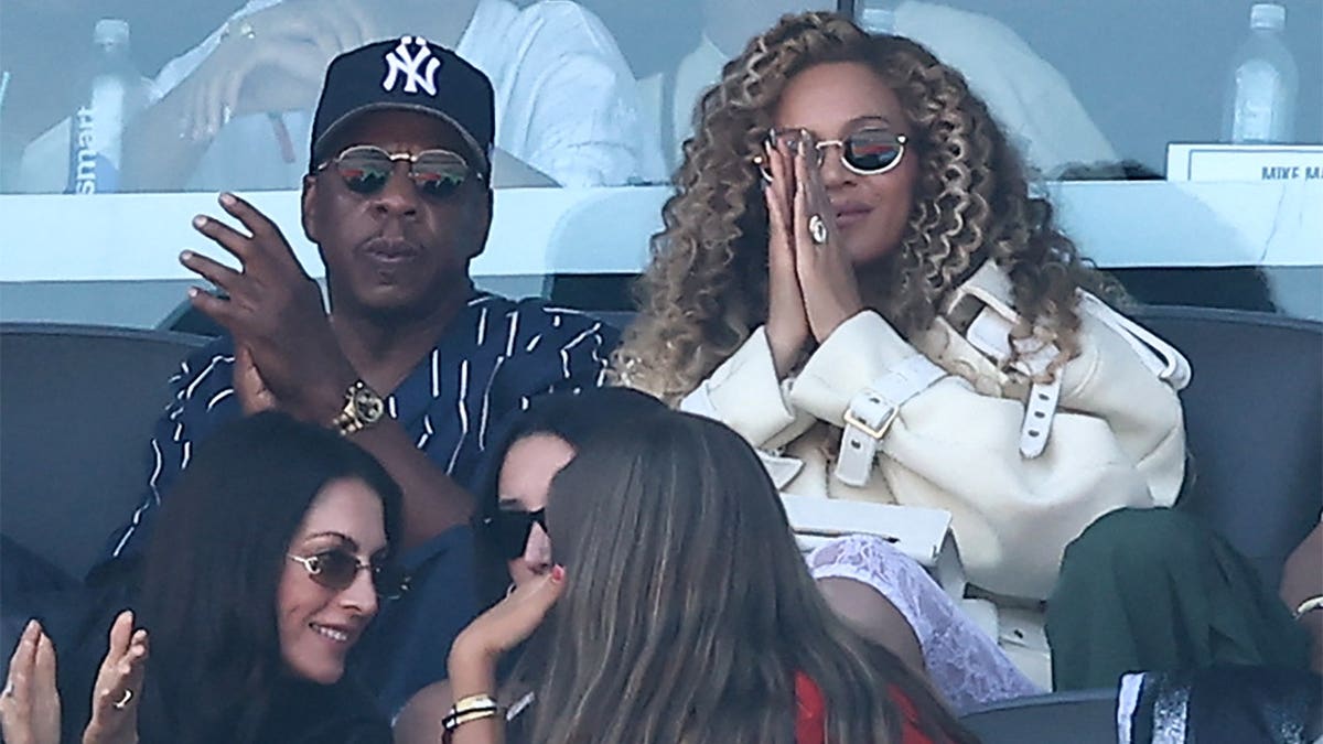 US rapper Jay-Z and singer Beyonce attend the 2026 World Cup football tournament final match between Spain and Argentina at the New York/New Jersey Stadium