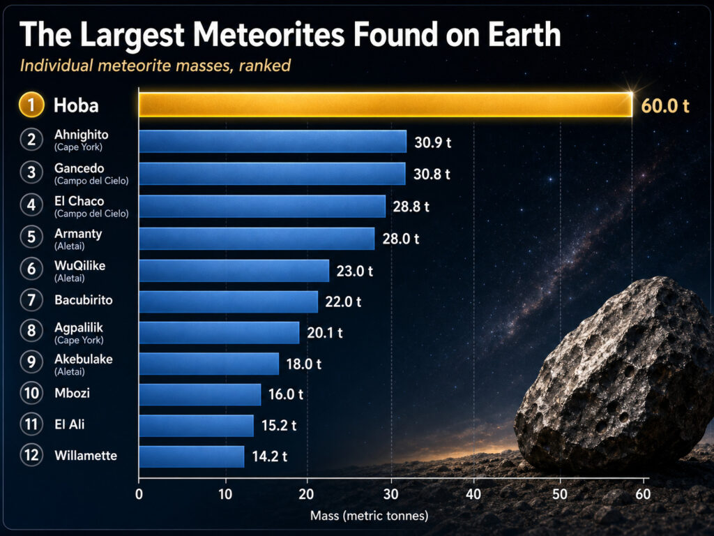 Chart of the largest recovered meteorites on Earth. Hoba is the largest by almost double
