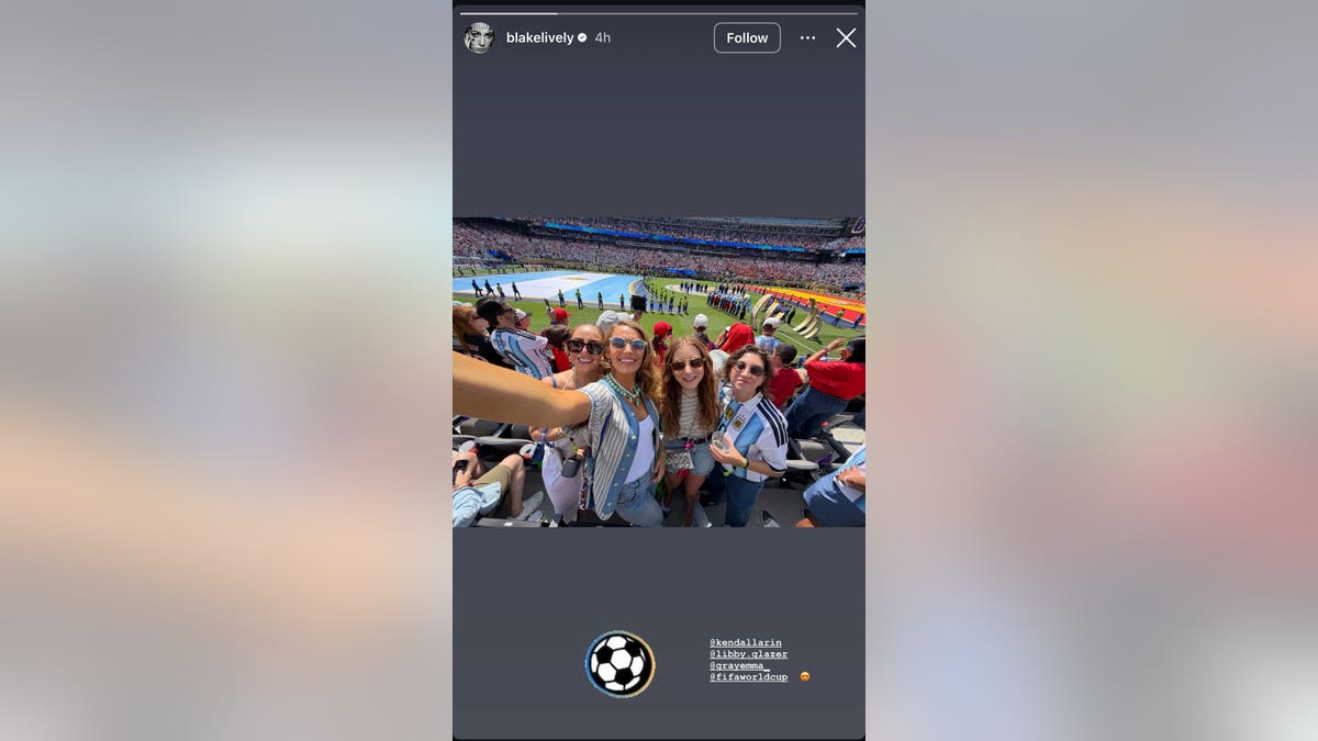 Blake Lively takes a group selfie with friends at the World Cup final match