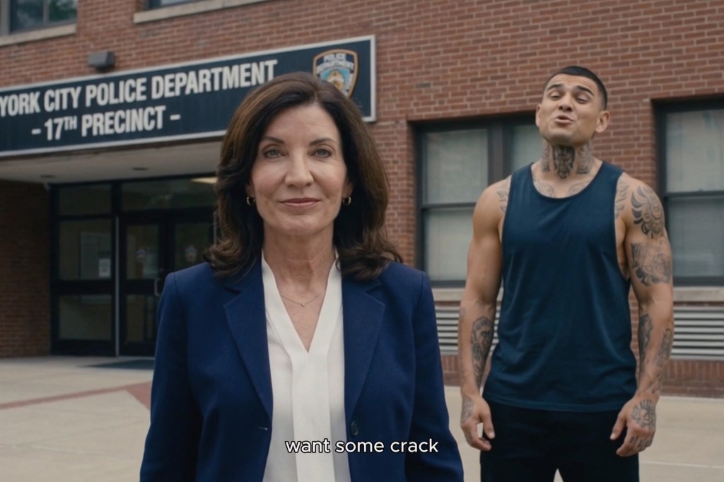 An AI-generated image shows Kathy Hochul standing in front of a police station next to a tattooed man saying "want some crack".