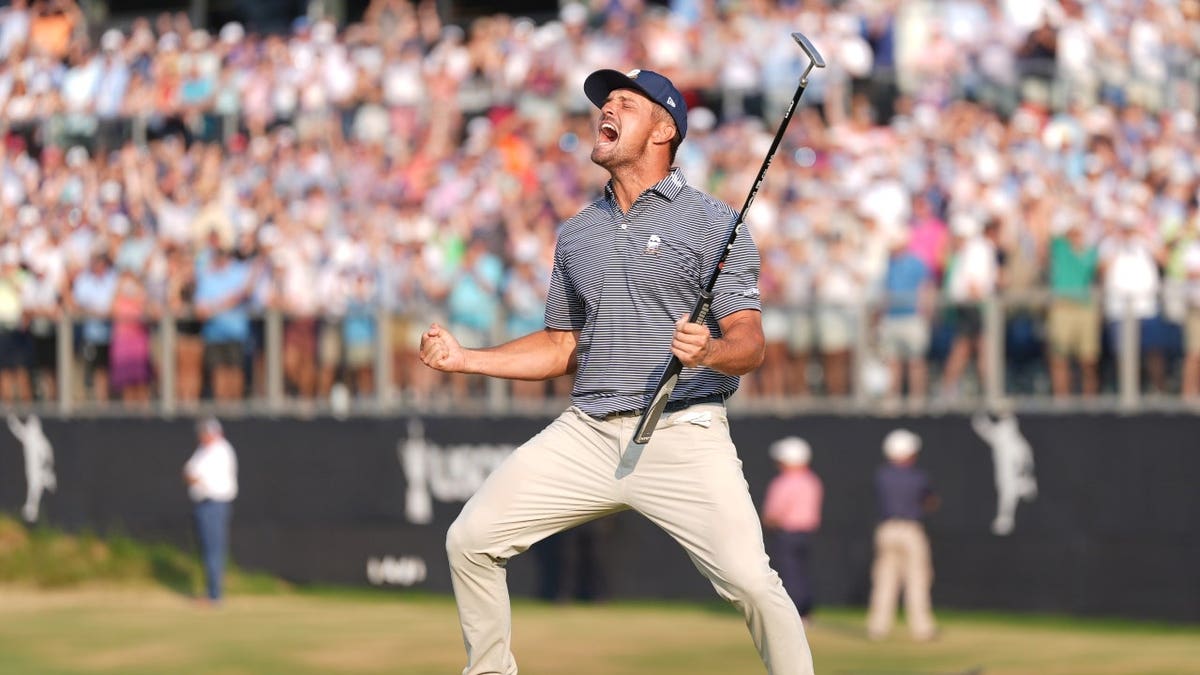 Bryson DeChambeau celebrating on the eighteenth green at the U.S. Open golf tournament in Pinehurst, North Carolina.