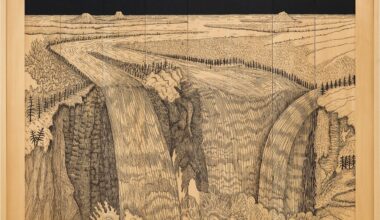 a pen-and-ink drawing on a wooden surface featuring a huge waterfall amid a flat landscape with a huge cliff