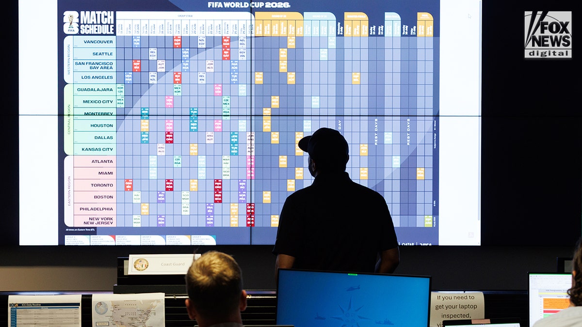 Kash Patel looks at a monitor of the FIFA World Cup 2026 schedule.