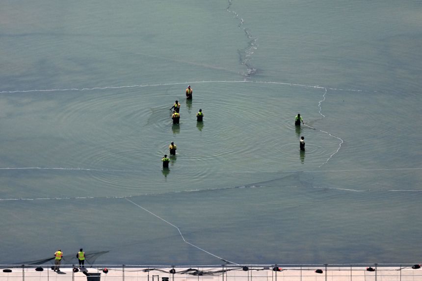 People work in the Lincoln Memorial reflecting pool as seen from the Washington Monument in Washington, DC, on June 30.