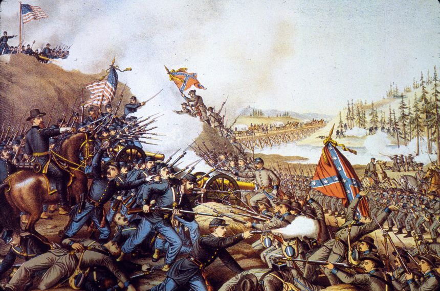 Union and Confederate troops fighting during the Battle of Franklin in Tennessee on November 30, 1864.