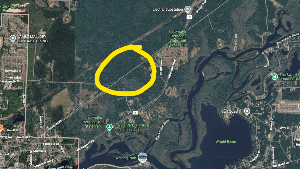 This Google screen grab of a map shows the portion of the Blackwater Heritage Trail where Mayhair believes he saw a Florida panther. The area of the encounter is circled in yellow.