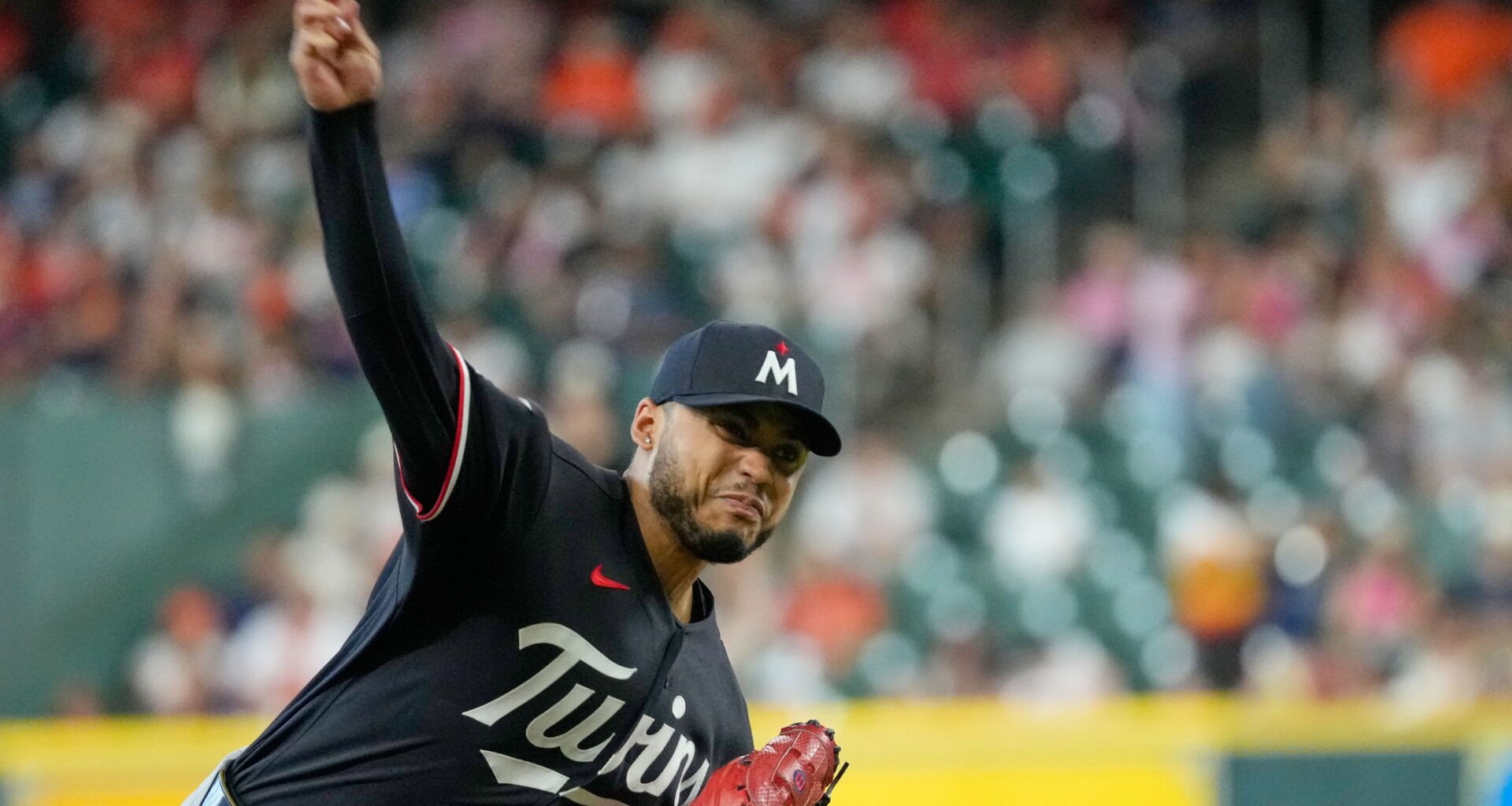 Minnesota Twins starting pitcher Taj Bradley throws against the Houston Astros during the first inning of a baseball game Wednesday, July 1, 2026, in Houston. (AP Photo/David J. Phillip)