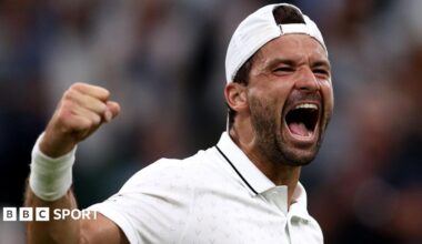 Grigor Dimitrov punches the air in celebration after beating Jakub Mensik at Wimbledon