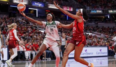 INDIANAPOLIS, INDIANA - JULY 17: Dominique Malonga #14 of the Seattle Storm reaches for the ball against Monique Billings #25 of the Indiana Fever during the second half at Gainbridge Fieldhouse on July 17, 2026 in Indianapolis, Indiana. NOTE TO USER: User expressly acknowledges and agrees that, by downloading and or using this photograph, User is consenting to the terms and conditions of the Getty Images License Agreement.  (Photo by Michael Hickey/Getty Images)