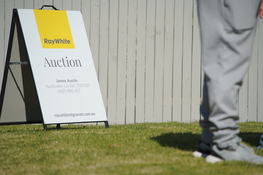 An A-frame sign which reads 'Auction' sitting on a patch of grass in front of a wooden picket fence.