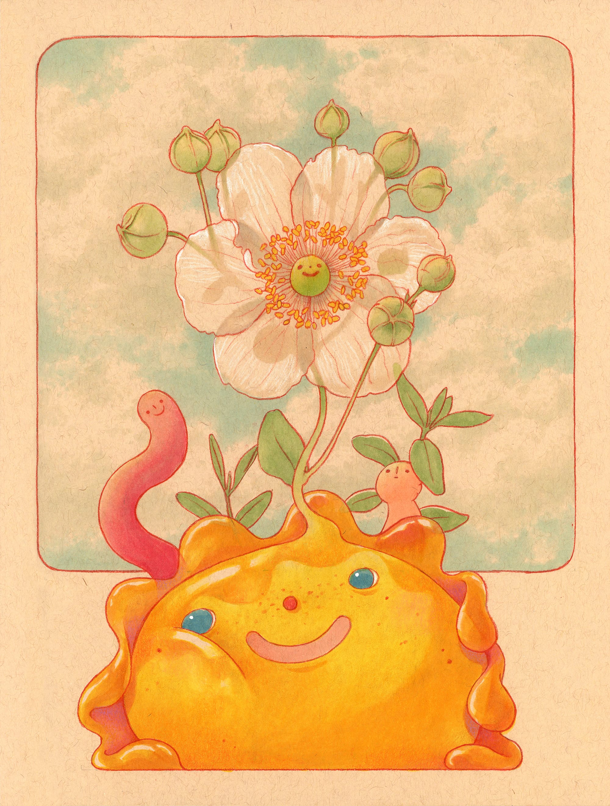 a drawing by Felicia Chiao of a large smiling flower with a smaller flower growing on top