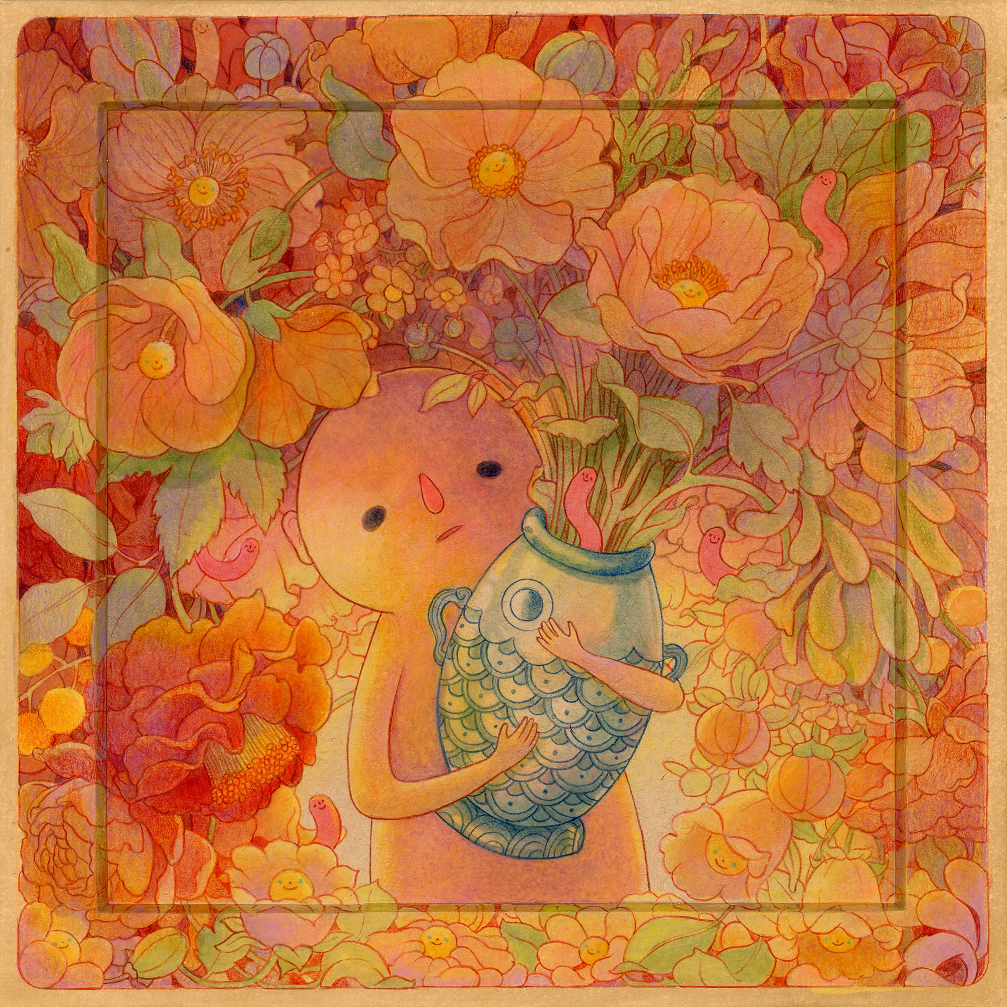 a drawing by Felicia Chiao of a figure holding a fish-shaped vase of flowers