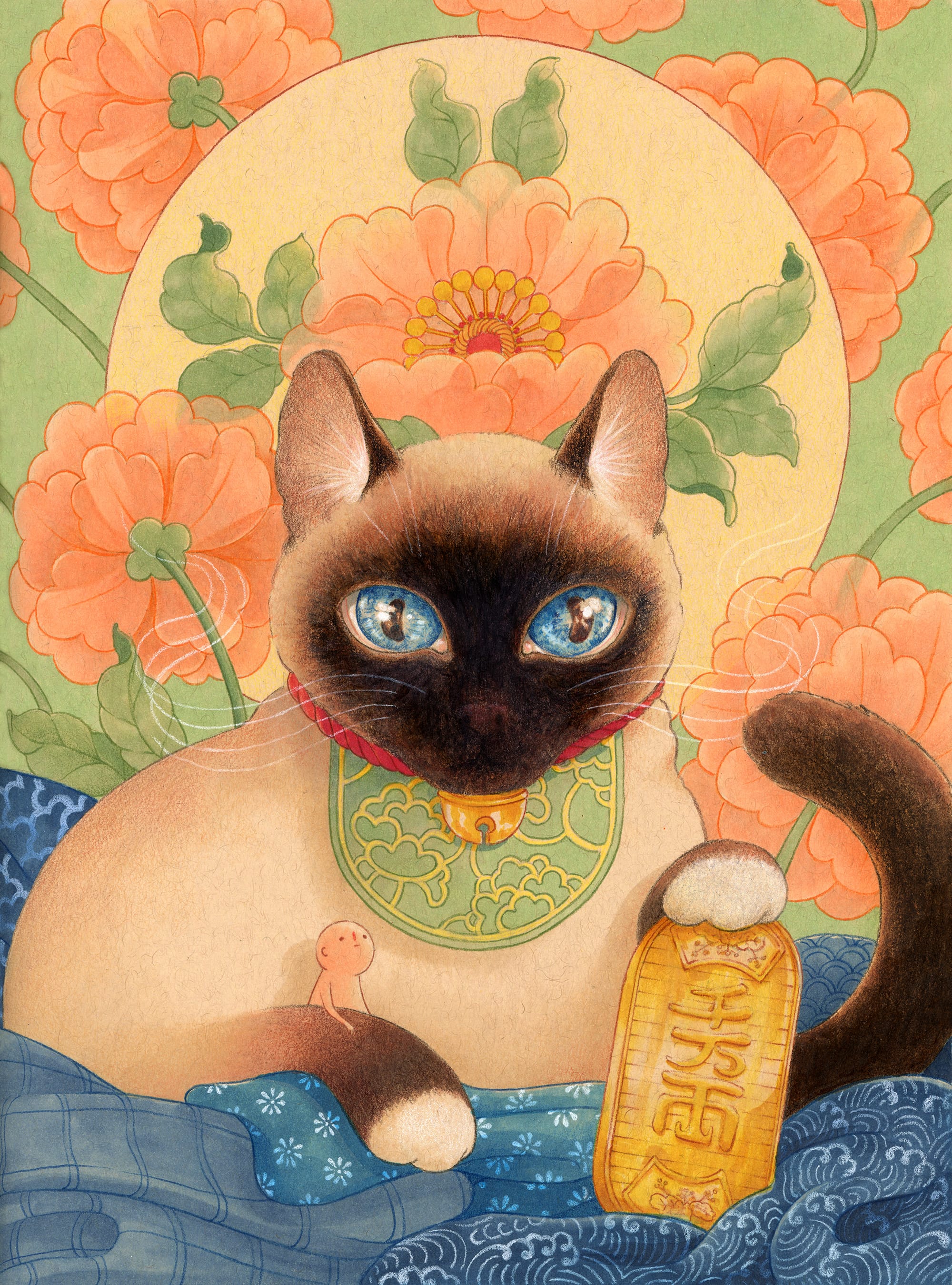 a drawing by Felicia Chiao of a siamese cat surrounded by flowers and water
