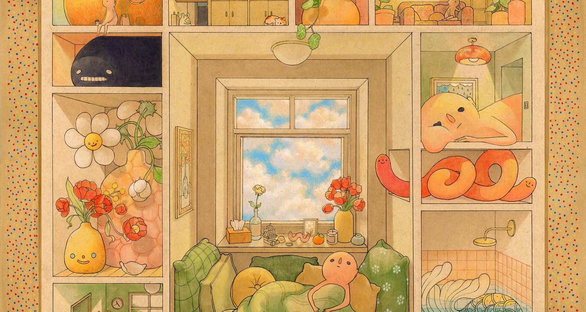 a drawing by Felicia Chiao of a grid-like structure with small rooms cut away to reveal a figure on a couch, one showering, lots of plants, and various other domestic activities