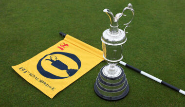 The Claret Jug alongside a pin flag at Royal Birkdale ahead of The Open in 2026.