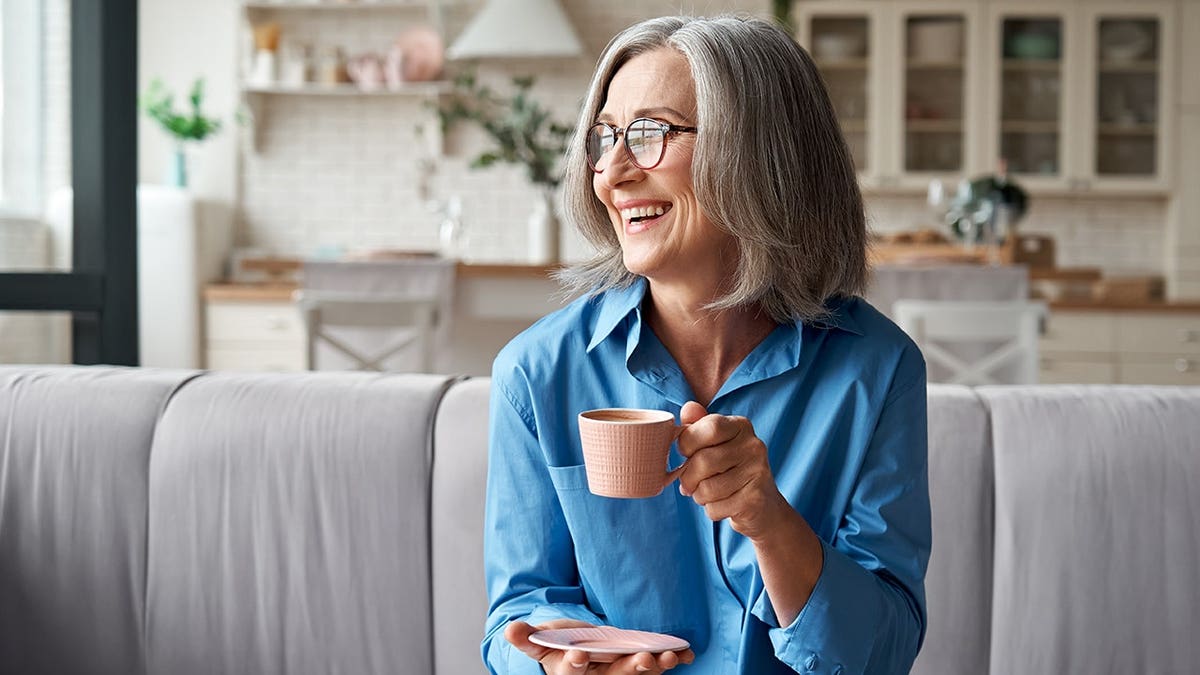 Smiling stylish middle aged 60s lady enjoying resting sitting on couch in modern living room.